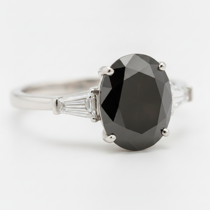 Oval Black Diamond and White Baguette Three Stone Ring Natural 14K White Gold