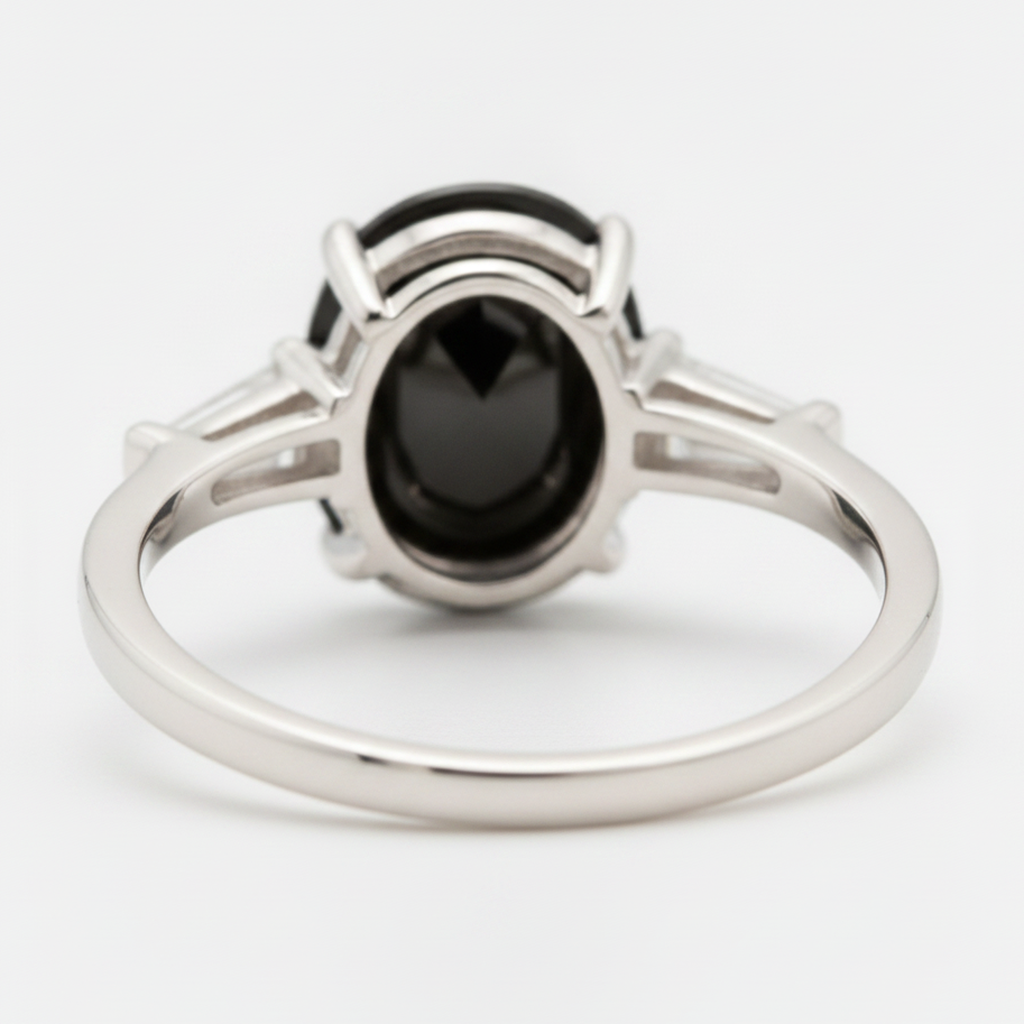 Oval Black Diamond and White Baguette Three Stone Ring Natural 14K White Gold
