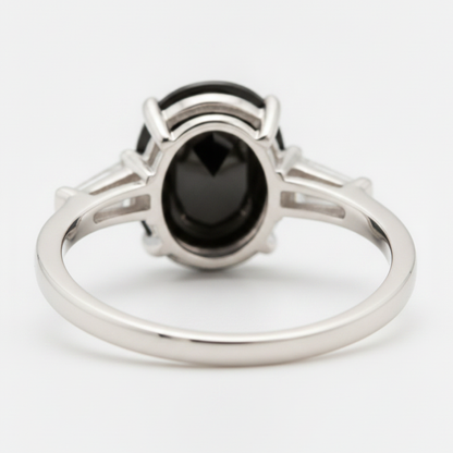 Oval Black Diamond and White Baguette Three Stone Ring Natural 14K White Gold