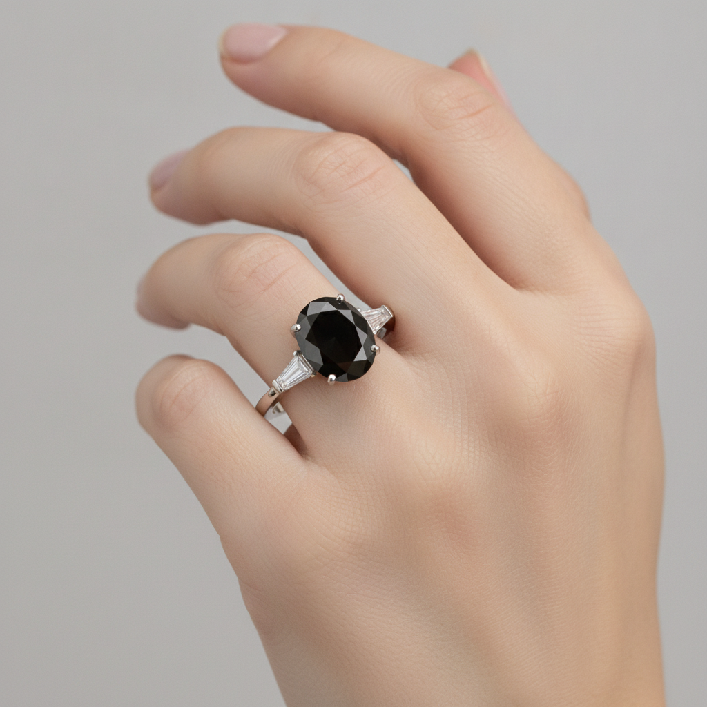 Oval Black Diamond and White Baguette Three Stone Ring Natural 14K White Gold