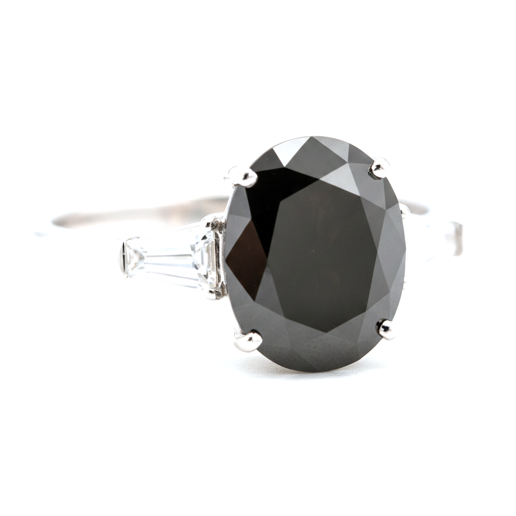 Oval Black Diamond and White Baguette Three Stone Ring Natural 14K White Gold