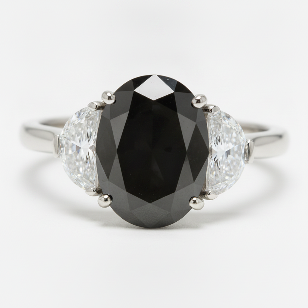 Oval Black Diamond and White Half Moon Three Stone Ring Natural 14K White Gold