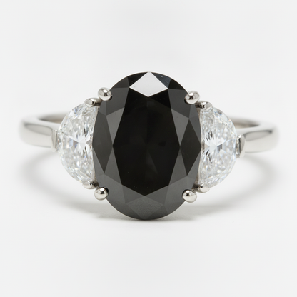 Oval Black Diamond and White Half Moon Three Stone Ring Natural 14K White Gold