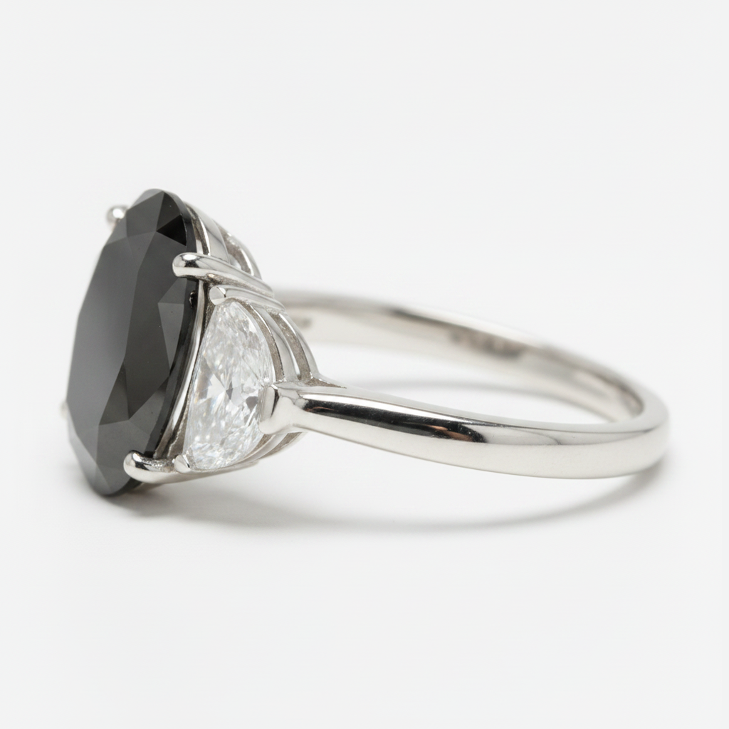 Oval Black Diamond and White Half Moon Three Stone Ring Natural 14K White Gold