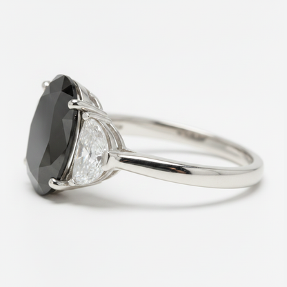 Oval Black Diamond and White Half Moon Three Stone Ring Natural 14K White Gold