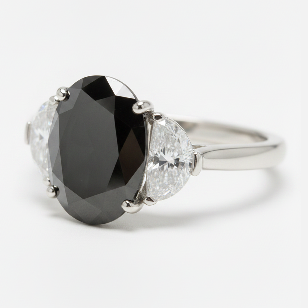 Oval Black Diamond and White Half Moon Three Stone Ring Natural 14K White Gold
