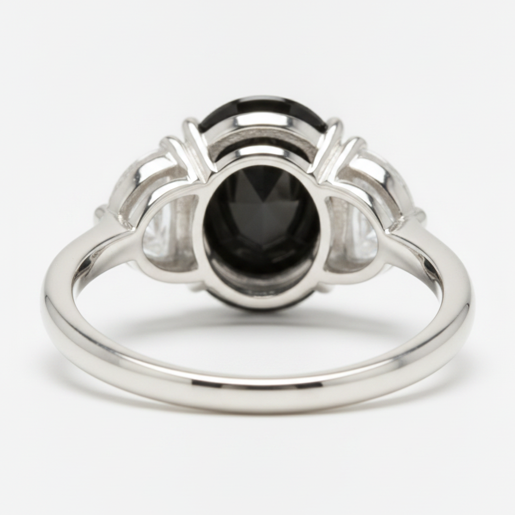 Oval Black Diamond and White Half Moon Three Stone Ring Natural 14K White Gold