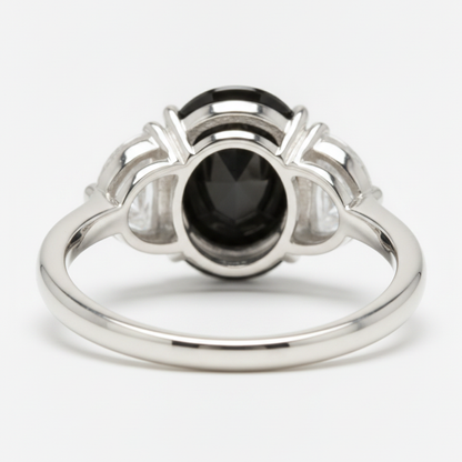 Oval Black Diamond and White Half Moon Three Stone Ring Natural 14K White Gold
