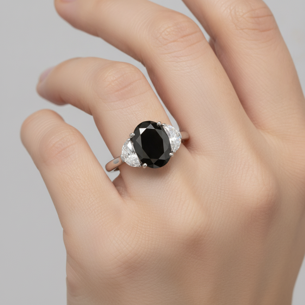 Oval Black Diamond and White Half Moon Three Stone Ring Natural 14K White Gold