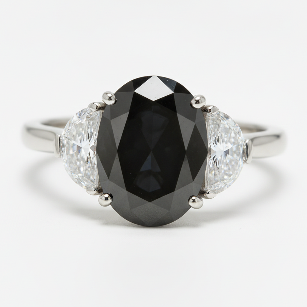 Oval Black Diamond and White Half Moon Three Stone Ring Natural 14K White Gold