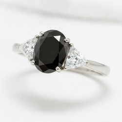 Oval Black Diamond and White Trilliant Three Stone Ring Natural 14K White Gold