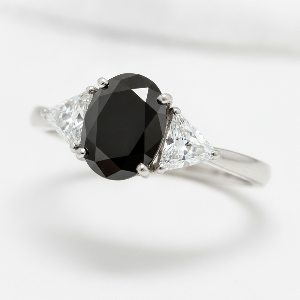 Oval Black Diamond and White Trilliant Three Stone Ring Natural 14K White Gold