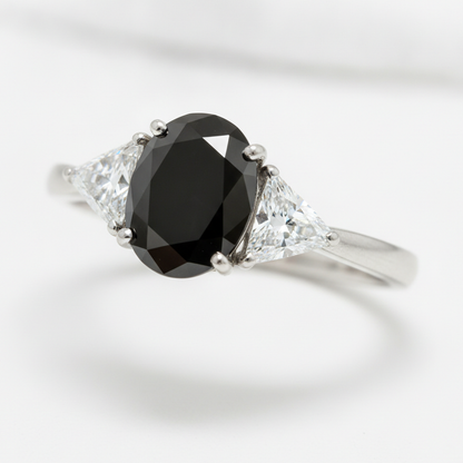 Oval Black Diamond and White Trilliant Three Stone Ring Natural 14K White Gold