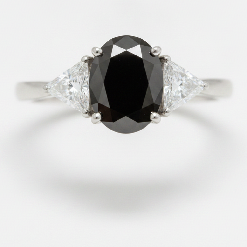 Oval Black Diamond and White Trilliant Three Stone Ring Natural 14K White Gold