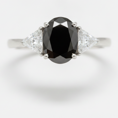 Oval Black Diamond and White Trilliant Three Stone Ring Natural 14K White Gold