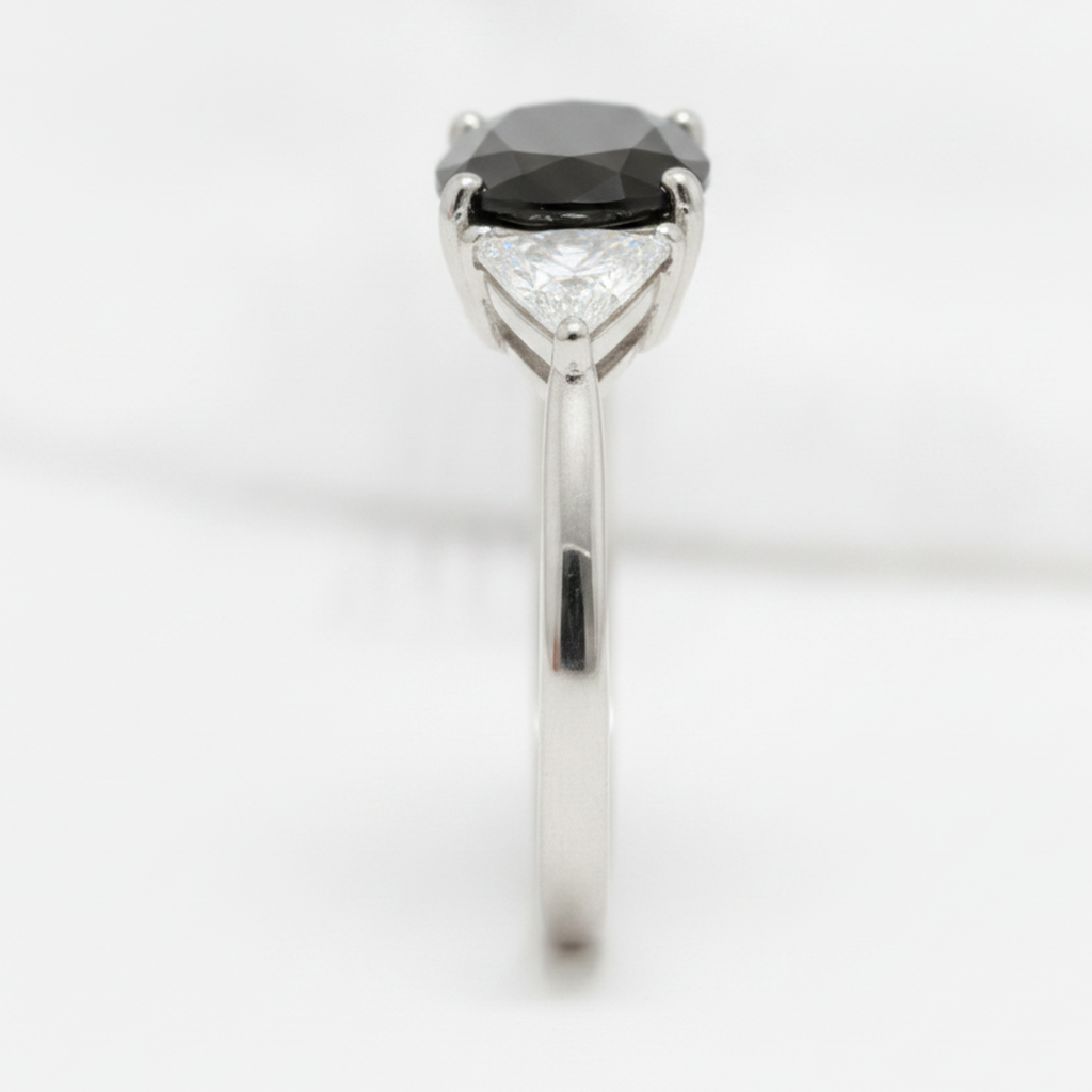 Oval Black Diamond and White Trilliant Three Stone Ring Natural 14K White Gold