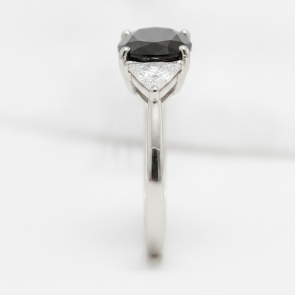 Oval Black Diamond and White Trilliant Three Stone Ring Natural 14K White Gold