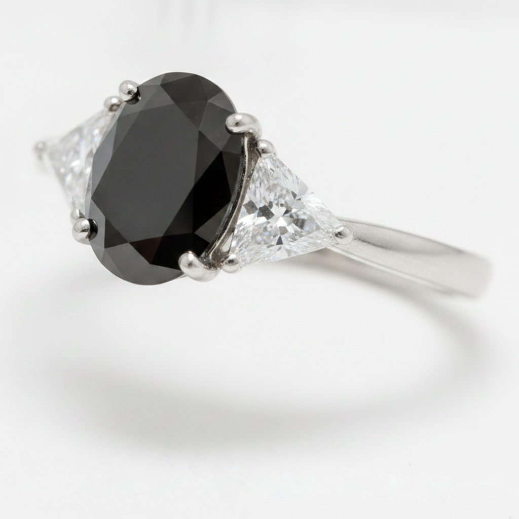 Oval Black Diamond and White Trilliant Three Stone Ring Natural 14K White Gold
