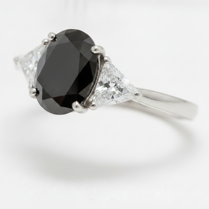 Oval Black Diamond and White Trilliant Three Stone Ring Natural 14K White Gold