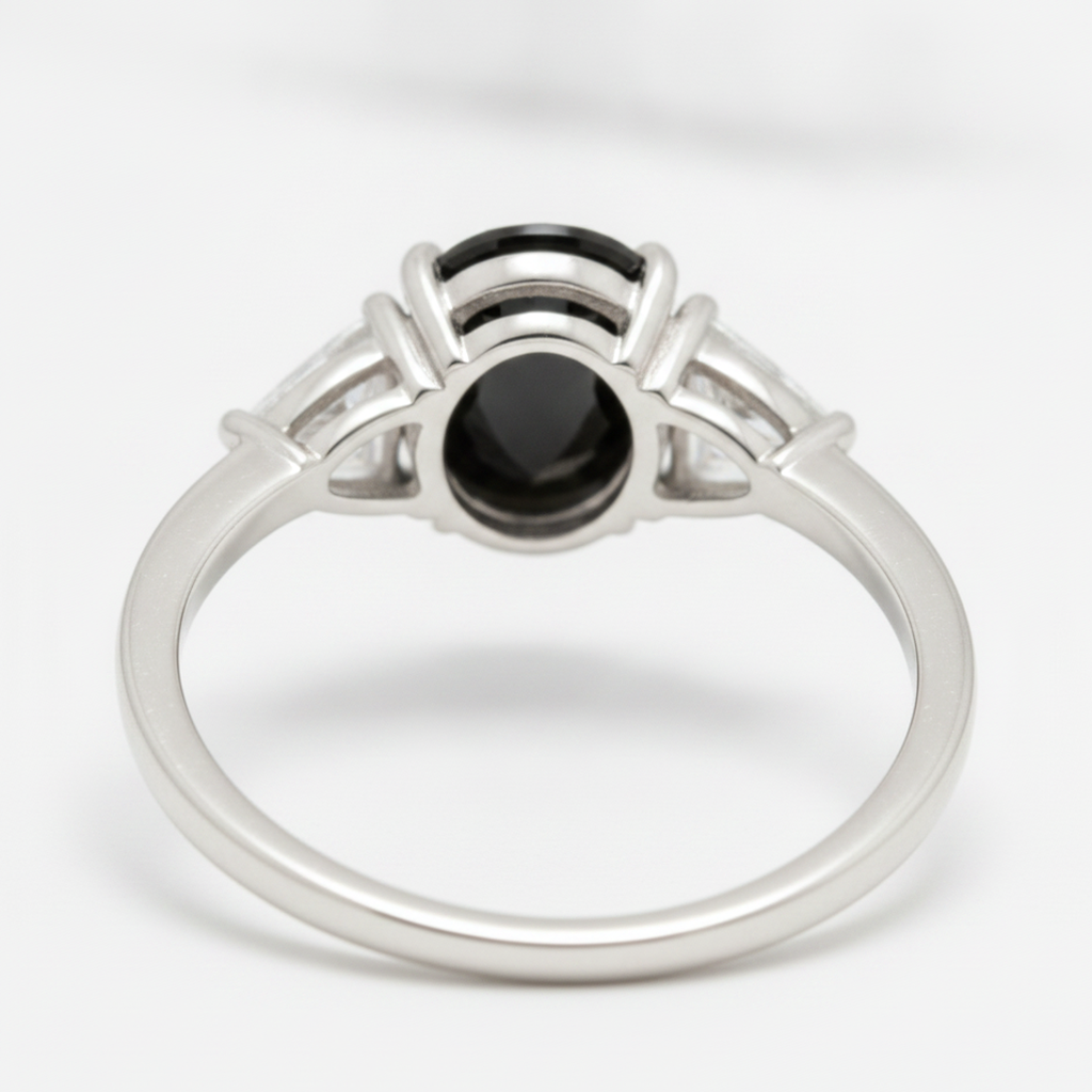 Oval Black Diamond and White Trilliant Three Stone Ring Natural 14K White Gold