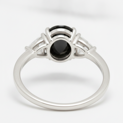 Oval Black Diamond and White Trilliant Three Stone Ring Natural 14K White Gold