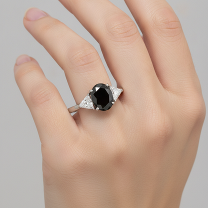 Oval Black Diamond and White Trilliant Three Stone Ring Natural 14K White Gold
