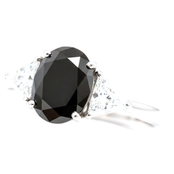 Black Engagement Ring Women 3.5 Carat Natural Oval Diamond Trilliant Three Stone 14K White Gold