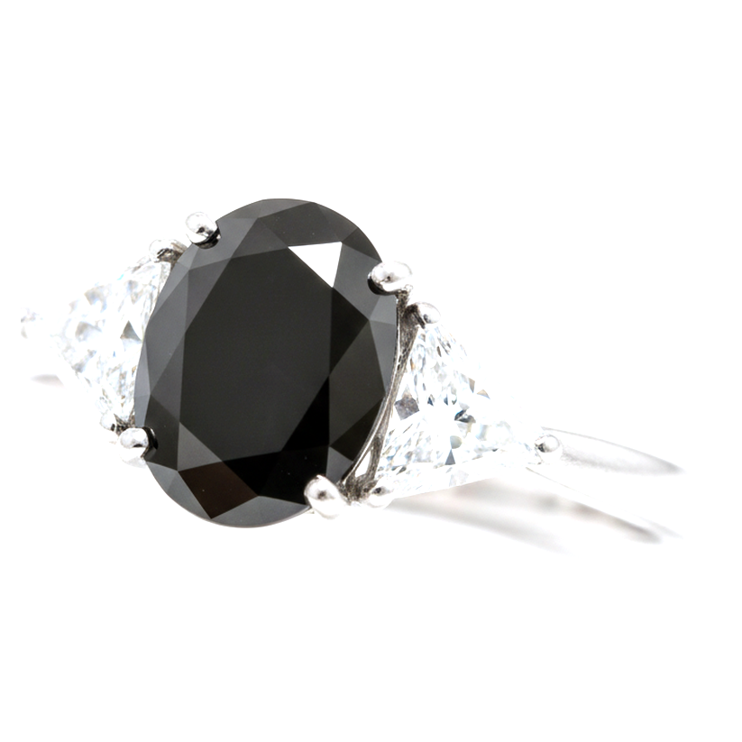 Oval Black Diamond and White Trilliant Three Stone Ring Natural 14K White Gold