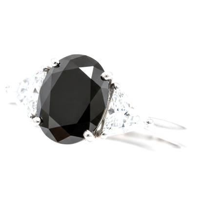 Oval Black Diamond and White Trilliant Three Stone Ring Natural 14K White Gold