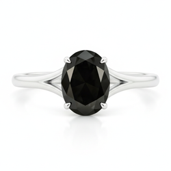 Oval Black Diamond Cathedral Solitaire Ring Natural 14K White Gold