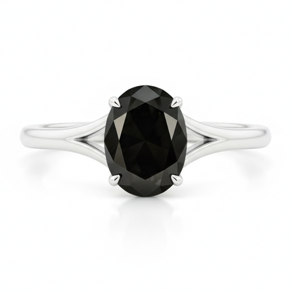 Oval Black Diamond Cathedral Solitaire Ring Natural 14K White Gold