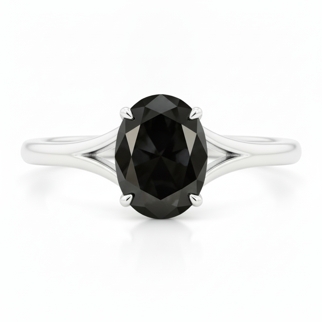 Oval Black Diamond Cathedral Solitaire Ring Natural 14K White Gold