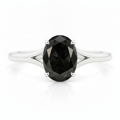 Oval Black Diamond Cathedral Solitaire Ring Natural 14K White Gold