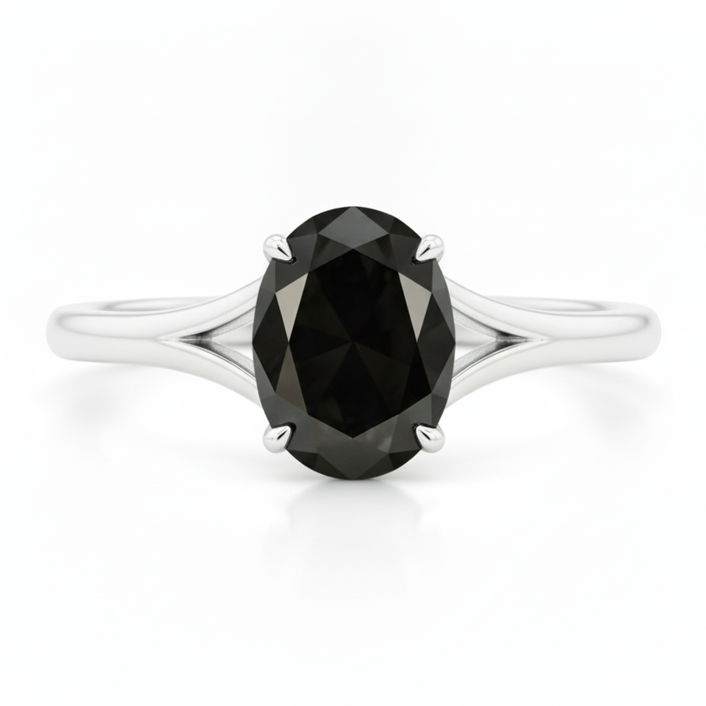 Oval Black Diamond Cathedral Solitaire Ring Natural 14K White Gold