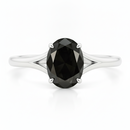 Oval Black Diamond Cathedral Solitaire Ring Natural 14K White Gold