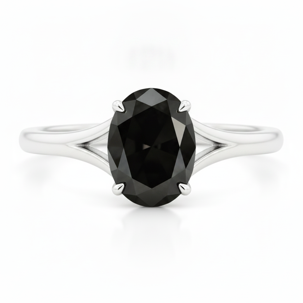 Oval Black Diamond Cathedral Solitaire Ring Natural 14K White Gold