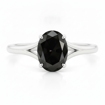 Oval Black Diamond Cathedral Solitaire Ring Natural 14K White Gold