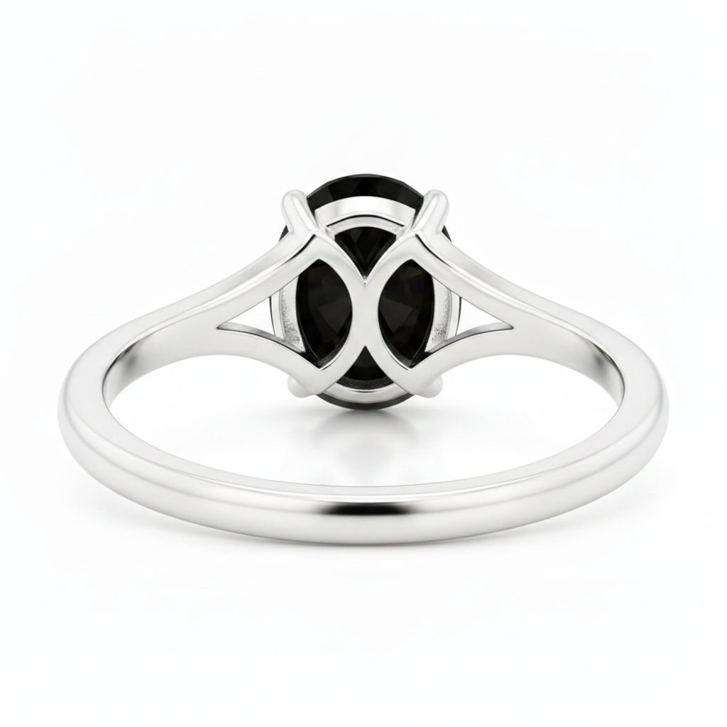 Oval Black Diamond Cathedral Solitaire Ring Natural 14K White Gold