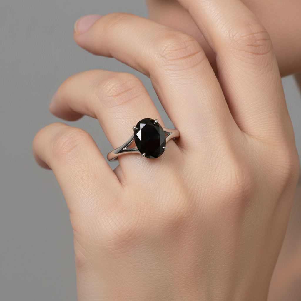 Oval Black Diamond Cathedral Solitaire Ring Natural 14K White Gold