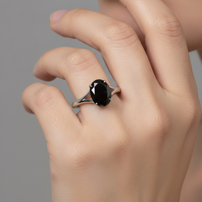 Oval Black Diamond Cathedral Solitaire Ring Natural 14K White Gold