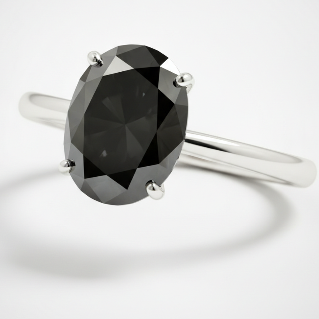 Oval Black Diamond Solitaire Ring Natural 14K White Gold