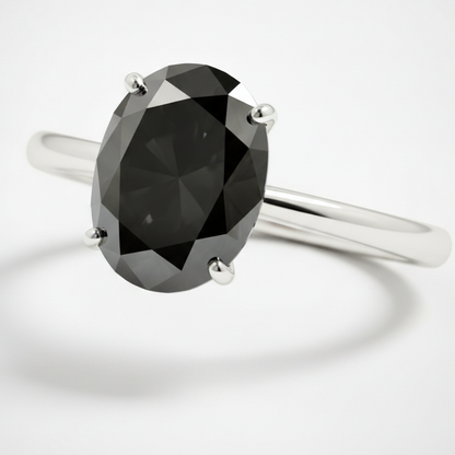 Oval Black Diamond Solitaire Ring Natural 14K White Gold