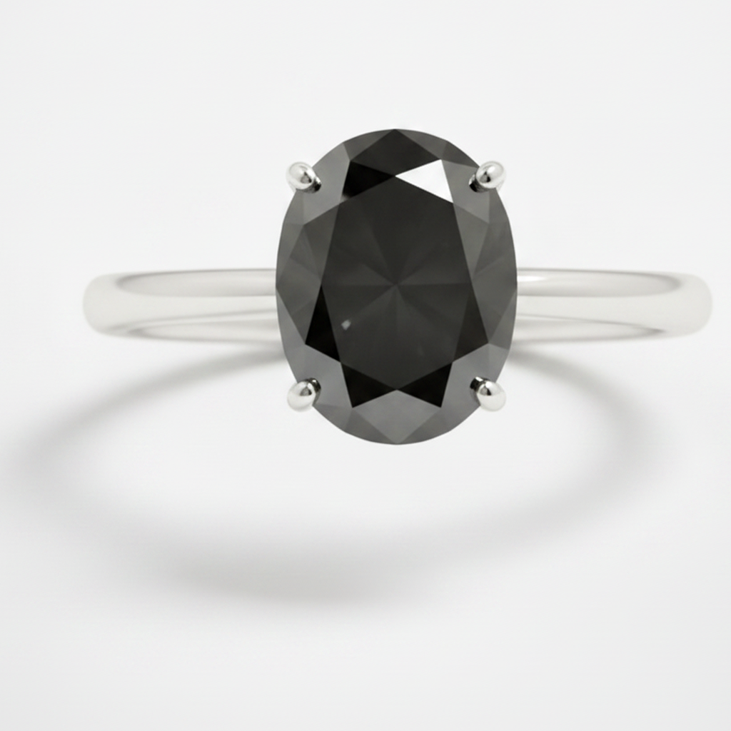 Oval Black Diamond Solitaire Ring Natural 14K White Gold