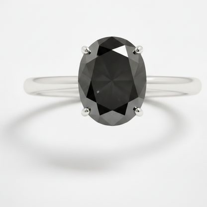 Oval Black Diamond Solitaire Ring Natural 14K White Gold