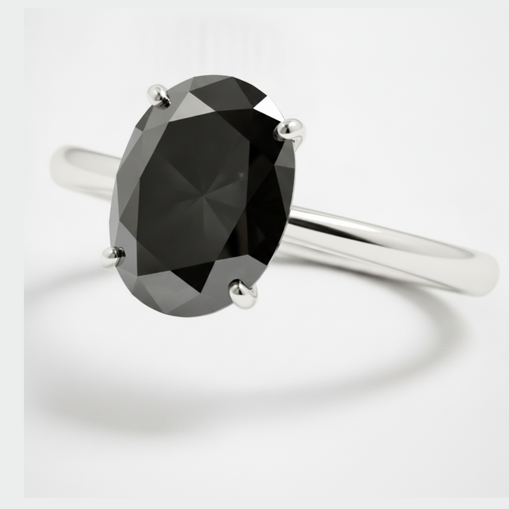 Oval Black Diamond Solitaire Ring Natural 14K White Gold