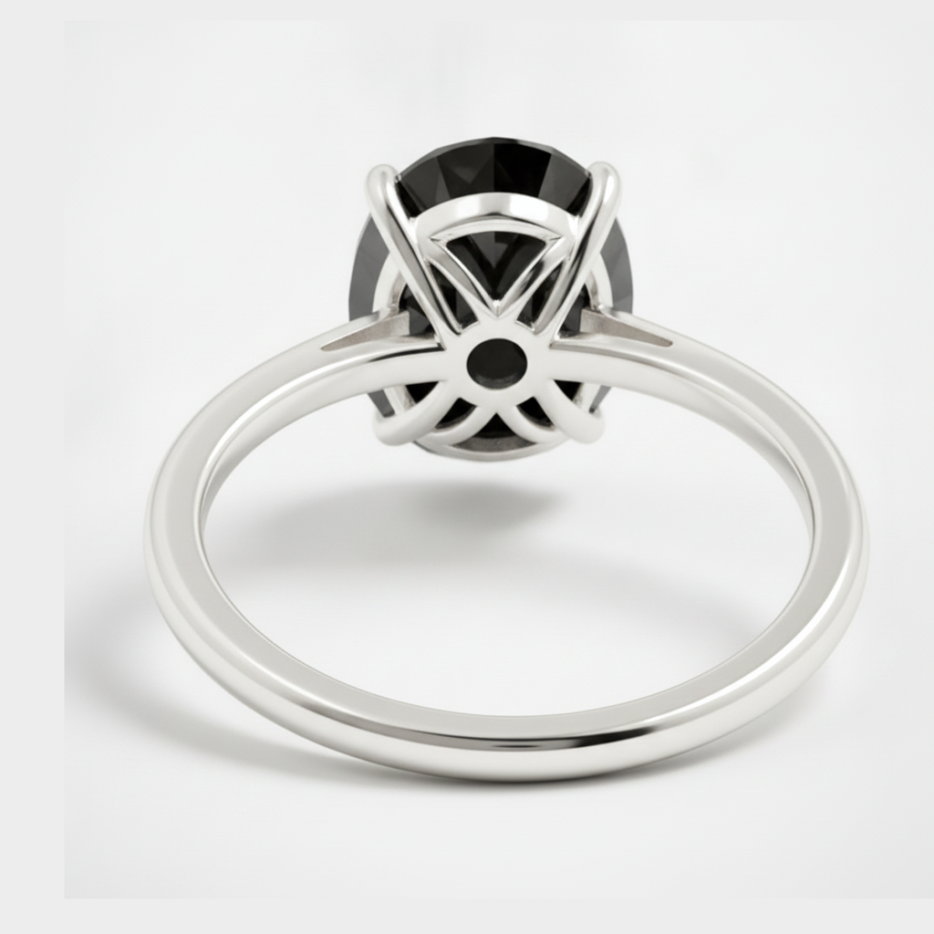 Oval Black Diamond Solitaire Ring Natural 14K White Gold