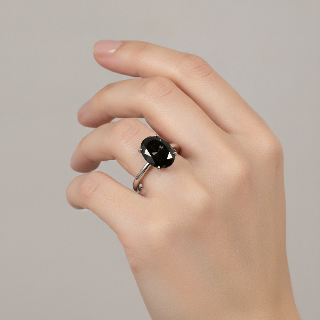 Oval Black Diamond Solitaire Ring Natural 14K White Gold