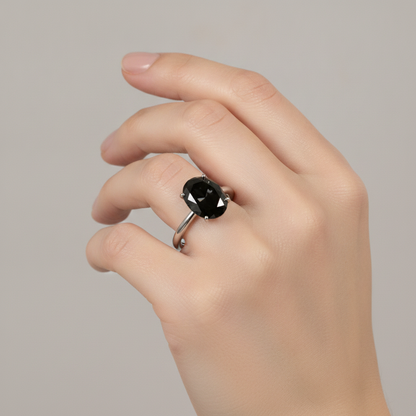Oval Black Diamond Solitaire Ring Natural 14K White Gold