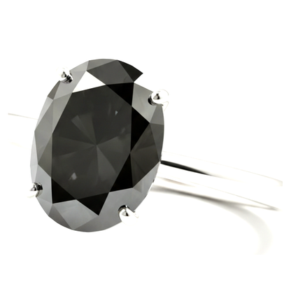 Oval Black Diamond Solitaire Ring Natural 14K White Gold