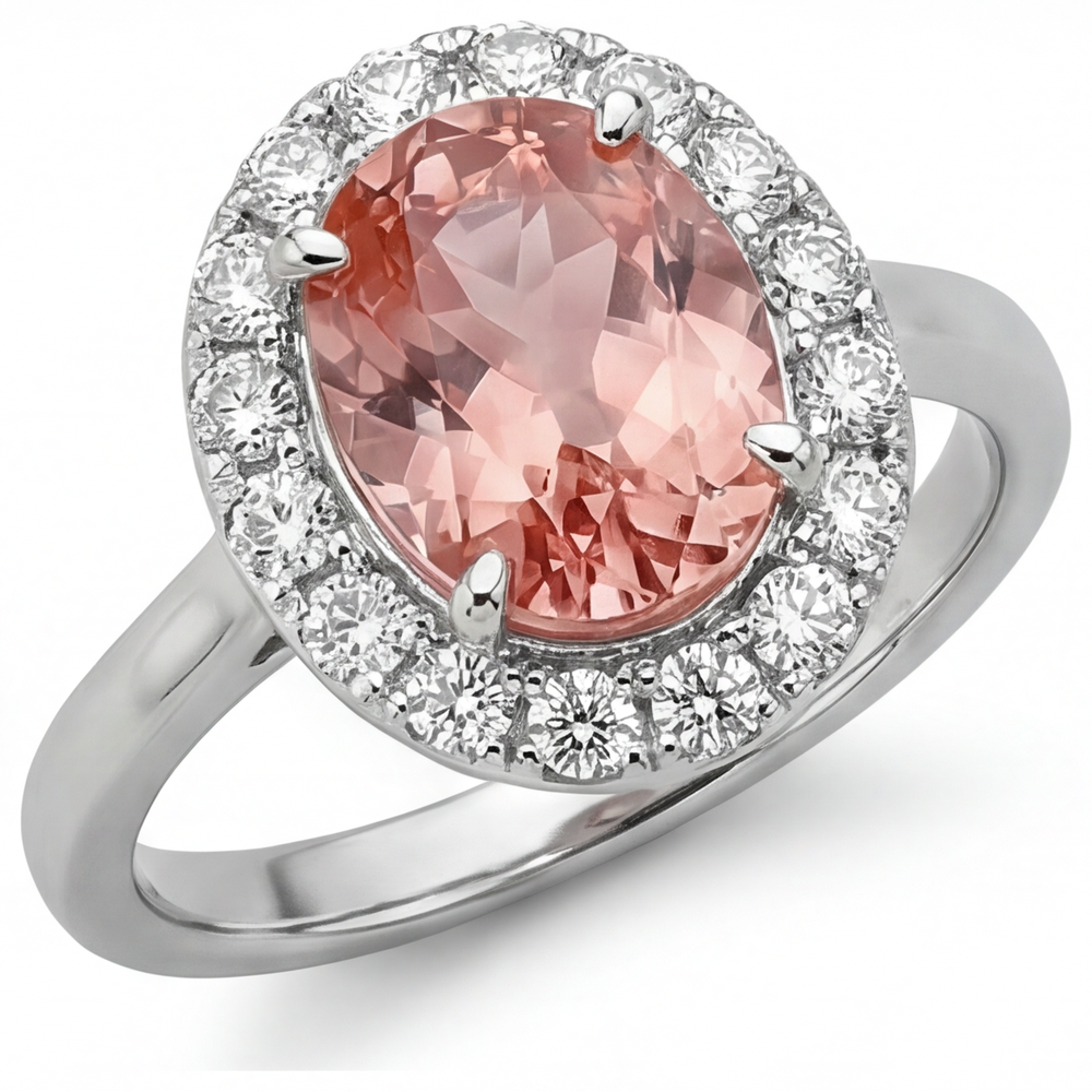 Oval Lab Grown Padparadscha and Lab Grown Diamond Halo Ring 14K White Gold